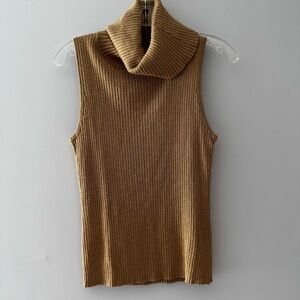 Laura Metallic Gold Sleeveless Turtleneck Knit Top Size L Sparkly Ribbed Shimmer